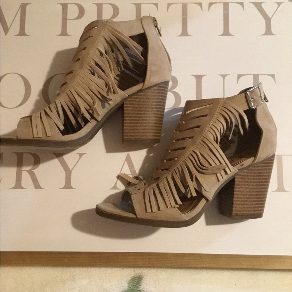 Fringe Tan Block Heel Sandals